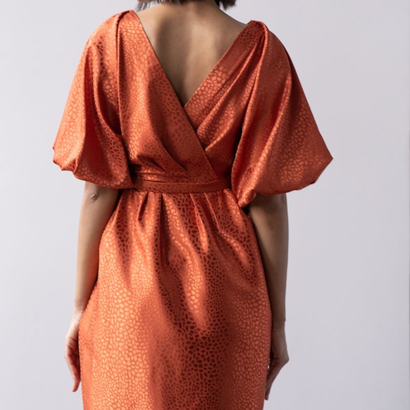 Bloom Burnt Orange Jacquard Draped Wrap Dress image