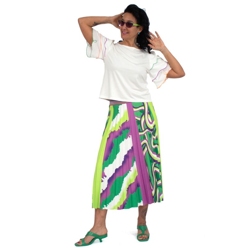 Half Circle Pleated Midi Skirt With Colorful Digital Print
