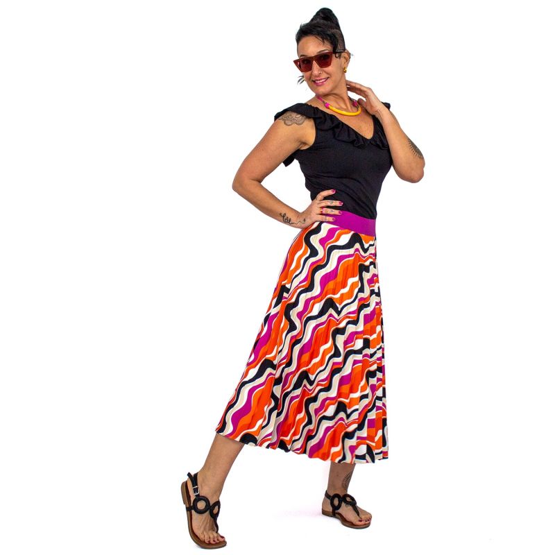 Half Circle Pleated Midi Skirt With Colorful Wavy Print Lalipop