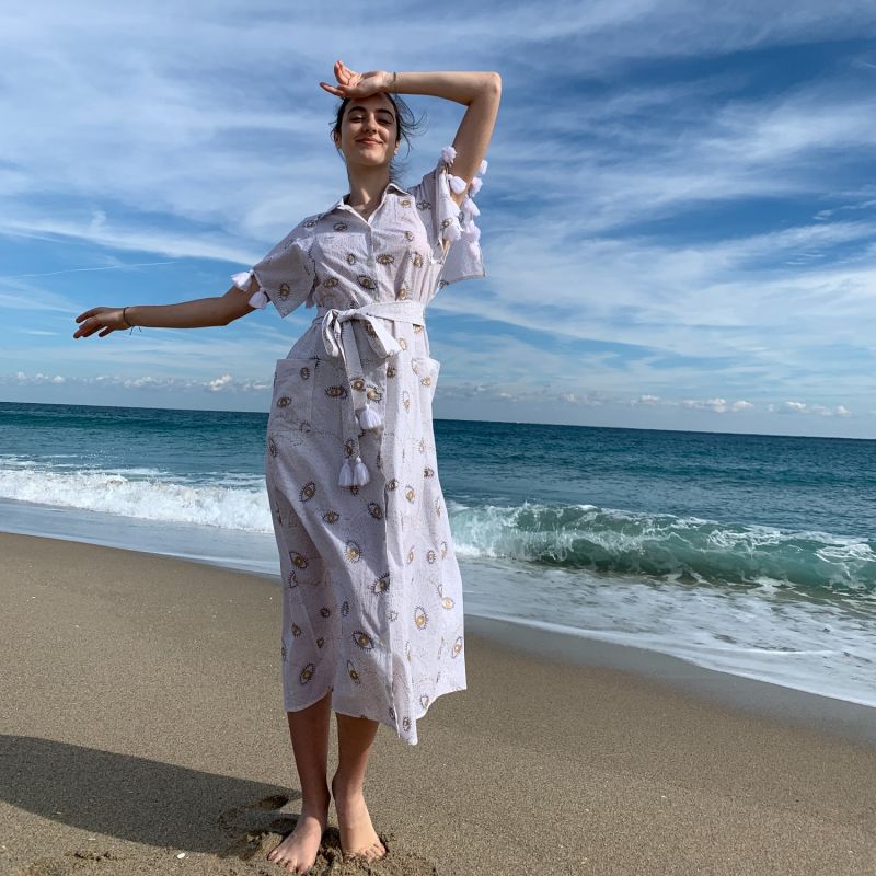 Half Sleeve Cotton Kimono With Tassels, Handblock Evil Eye White Gold image