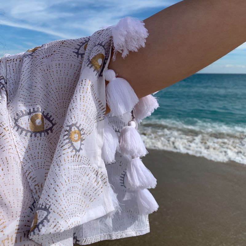 Half Sleeve Cotton Kimono With Tassels, Handblock Evil Eye White Gold image