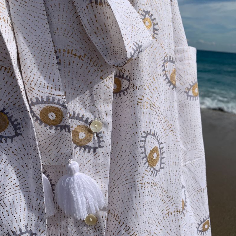 Half Sleeve Cotton Kimono With Tassels, Handblock Evil Eye White Gold image