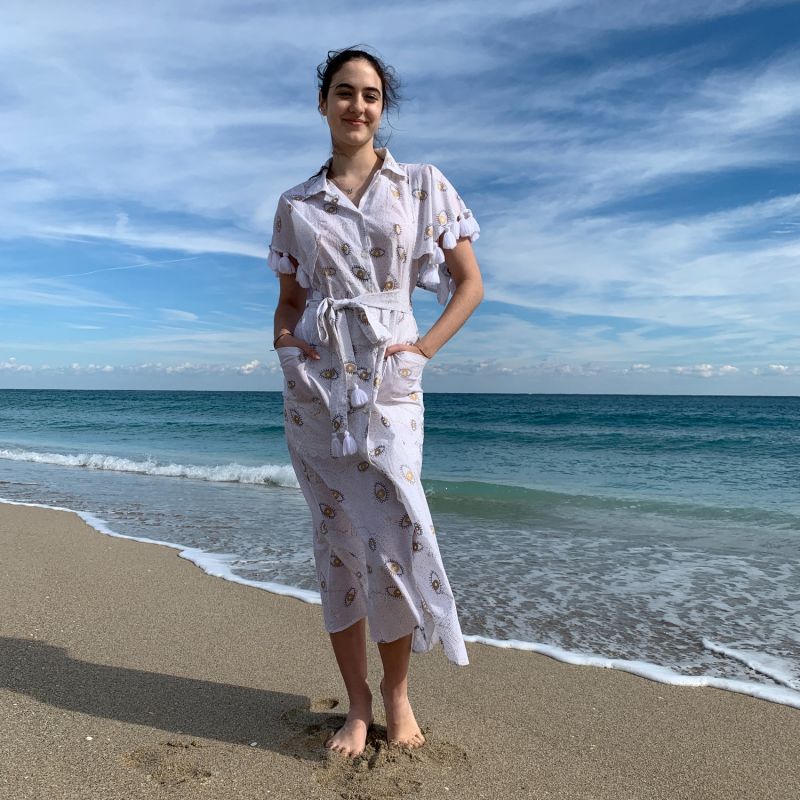 Half Sleeve Cotton Kimono With Tassels, Handblock Evil Eye White Gold image