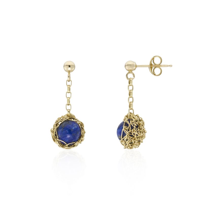 Hand Crocheted Yellow Gold Dangle Round Earrings With Lapis Lazuli image