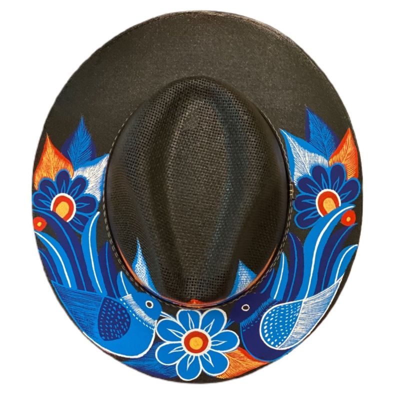 Hand-Painted Hat From Mexico - Birds - Blue image