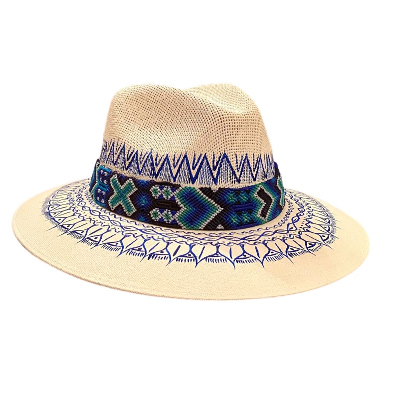 Hand-Painted Hat From Mexico - White, Blue image