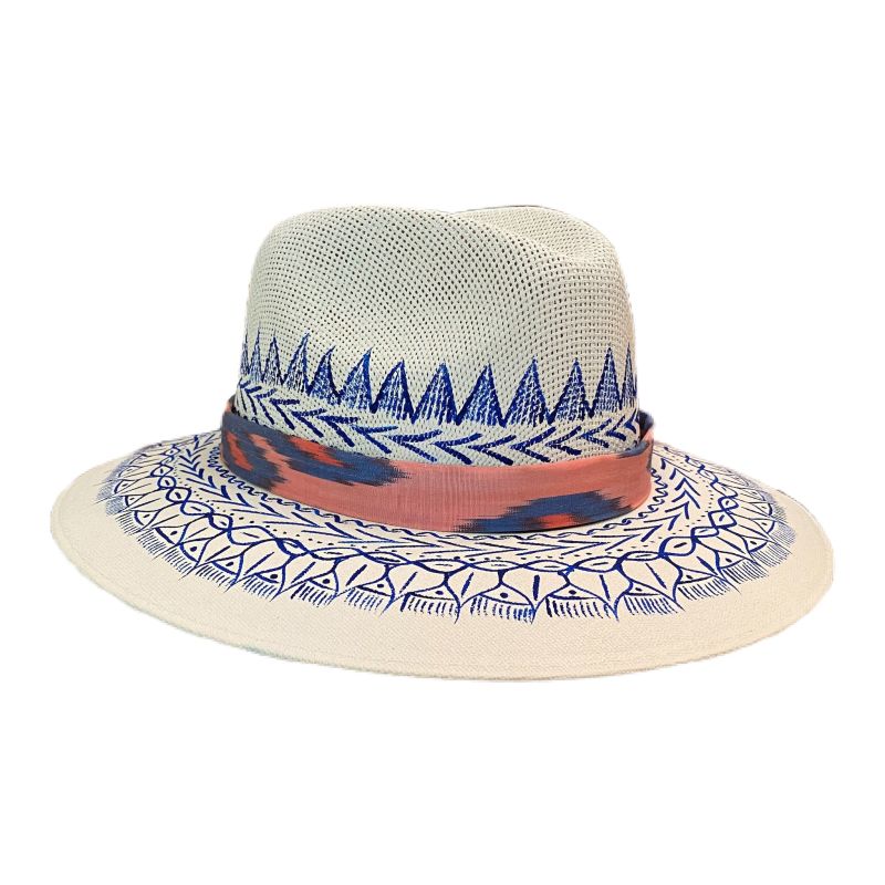 Hand-Painted Hat From Mexico - White, Blue image