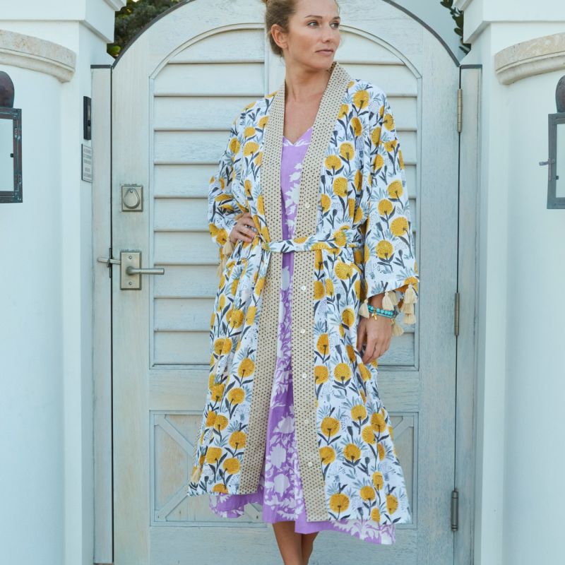 Handblock Cotton Kimono With Tassels | Dandelion Yellow image