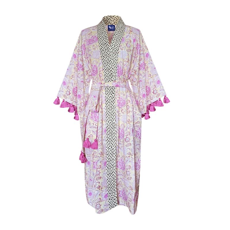 Handblock Cotton Kimono With Tassels - French Pink Rose With Trimming image