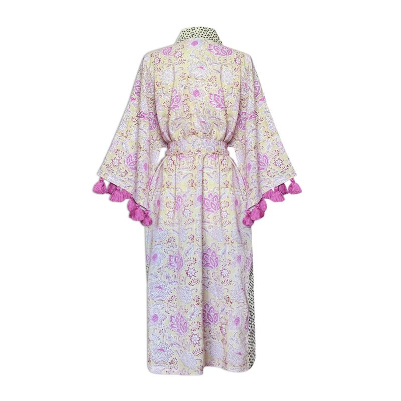 Handblock Cotton Kimono With Tassels - French Pink Rose With Trimming image