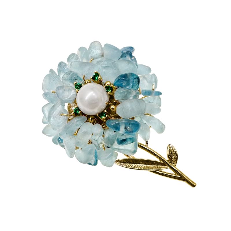 Handcrafted Flower Shape Natural Aquamarine Brooch image