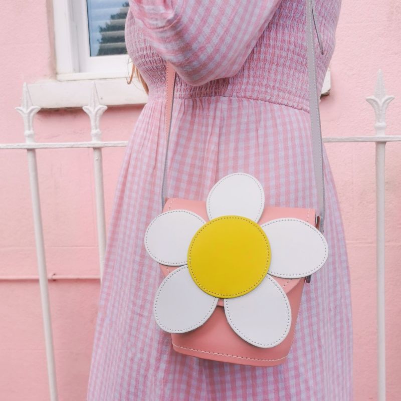 Handmade Leather Daisy Barrel Bag - Pastel Pink image