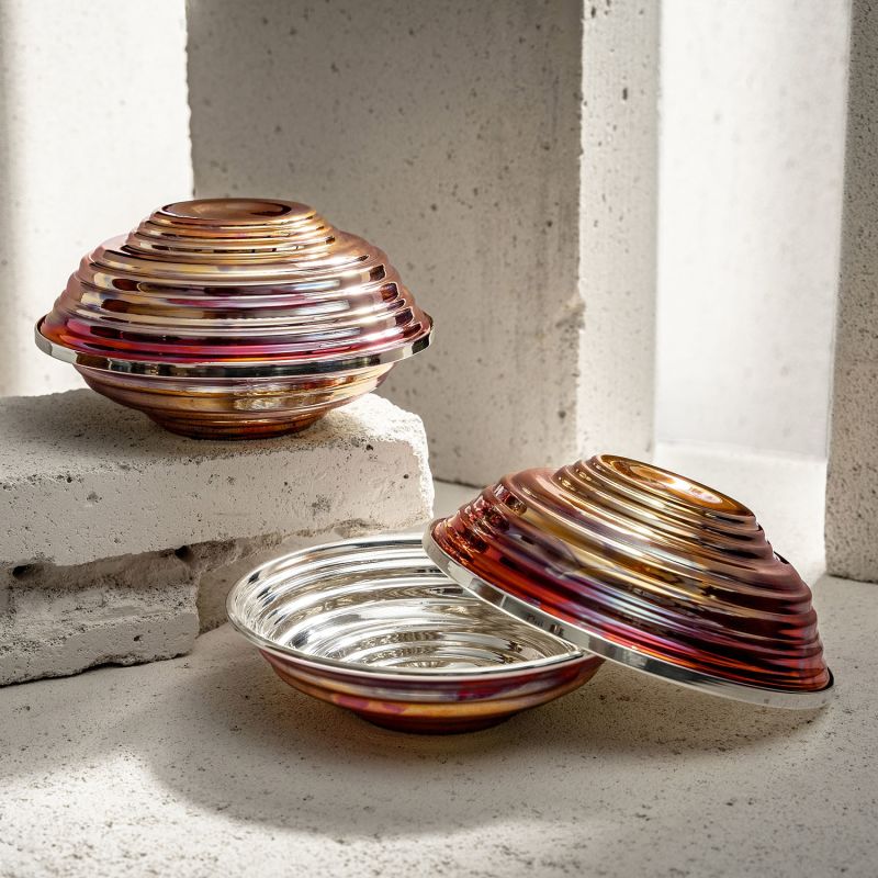 Serrated Rainbow Patina Copper Bowl Set Bottom + Lid · Handmade Copper Bowl Set image