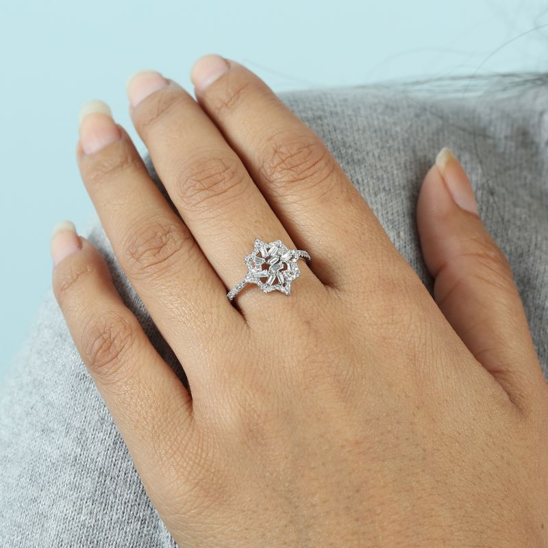 Handmade Solid White Gold Baguette White Diamond Star Design Ring image