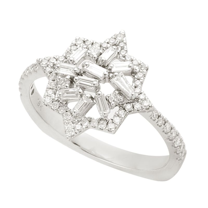 Handmade Solid White Gold Baguette White Diamond Star Design Ring image