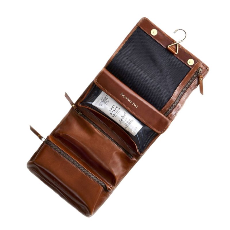 Hanging Tan Leather Wash Bag. -Superhero Dad image