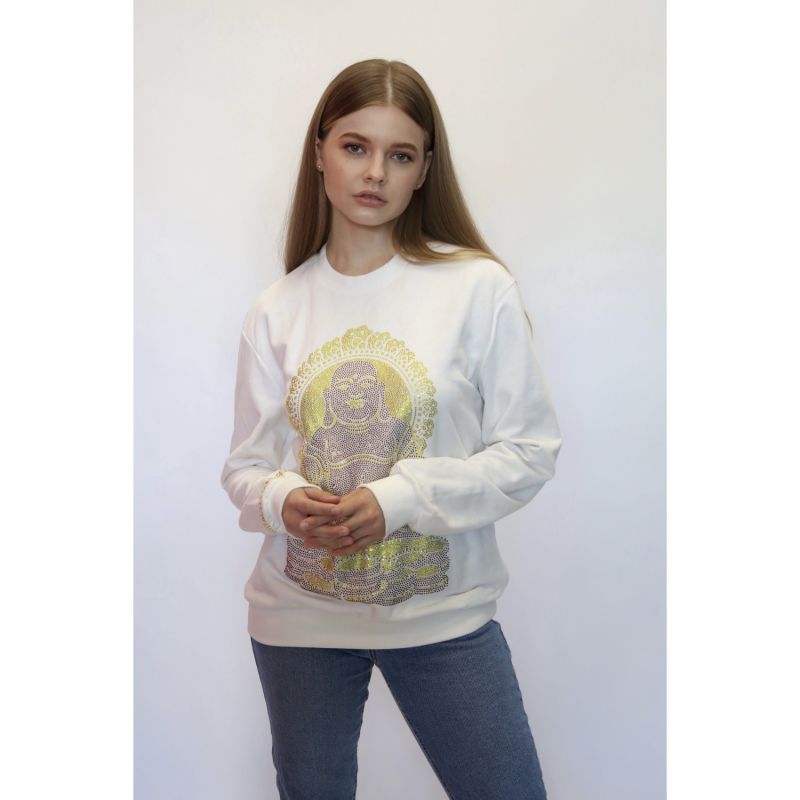 Happy Buddha - Lucky Feng Shui Rhinestoned Sweatshirt - White image