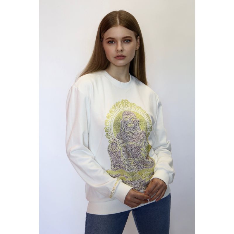 Happy Buddha - Lucky Feng Shui Rhinestoned Sweatshirt - White image