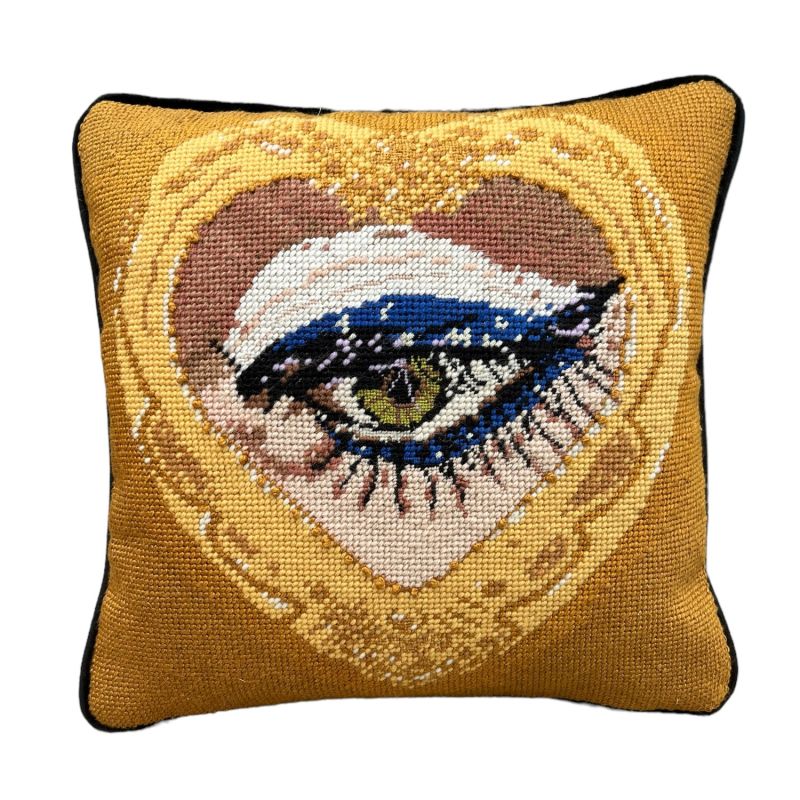 Haricot Vert X Mommani Threads  "Heartfelt Glimpse" Hand-Embroidered Needlepoint Heart Pillow, One Of A Kind image