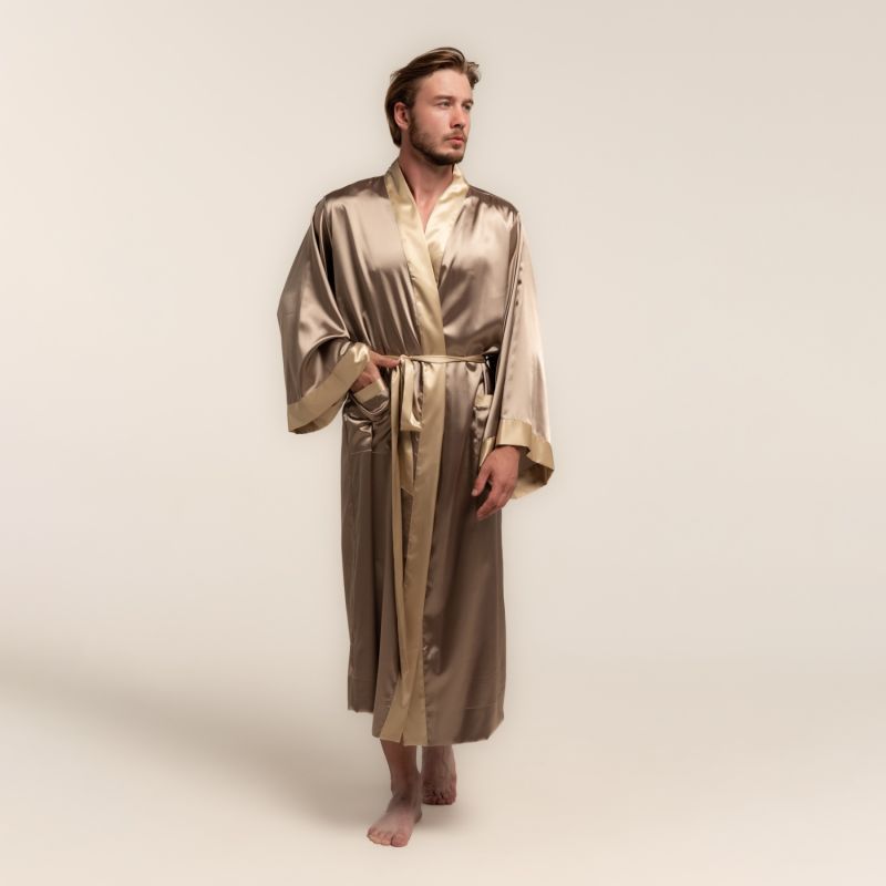 Mens Satin Silky Two-Tone Kimono Robe With Pockets, KÂfemme