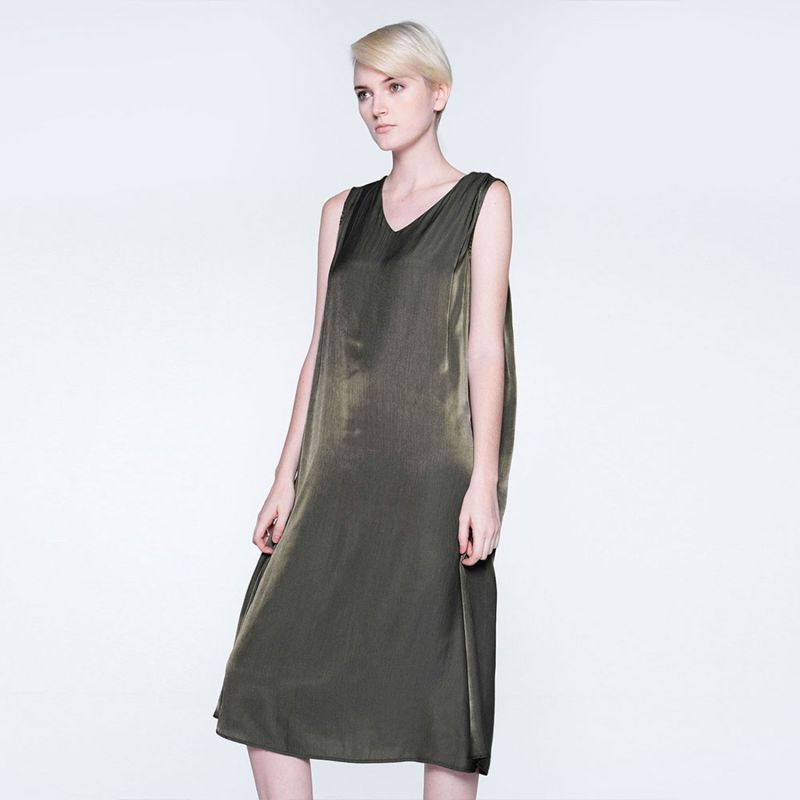 Savanna Soft Cupro Flare Dress In Dark Olivine image