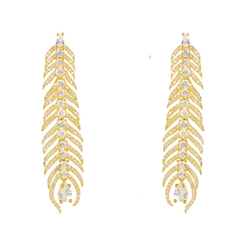 Peacock Feather Elongated Drop Earrings Gold image