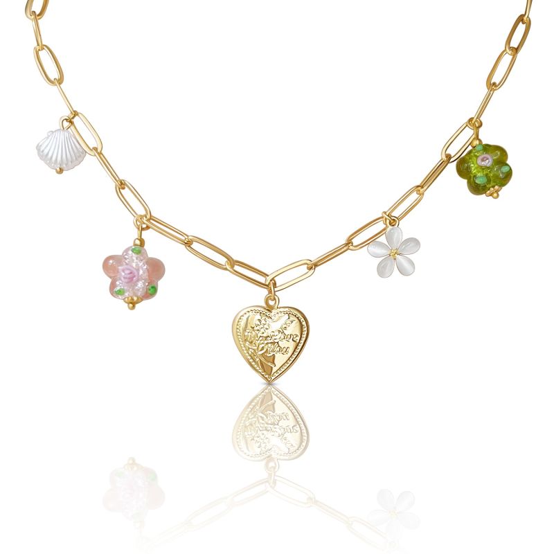 Heart Locket Charm Necklace - Glass Flowers image