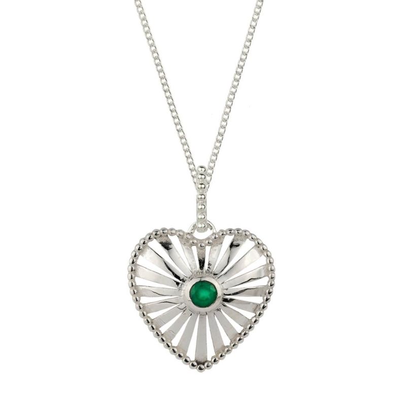 Heart Rays Silver Pendant Necklace  - Green Onyx image