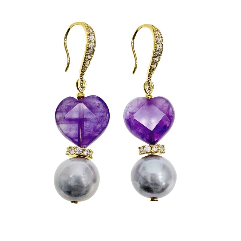 Heart Shaped Amethyst With Gray Freshwater Pearl Earrings image