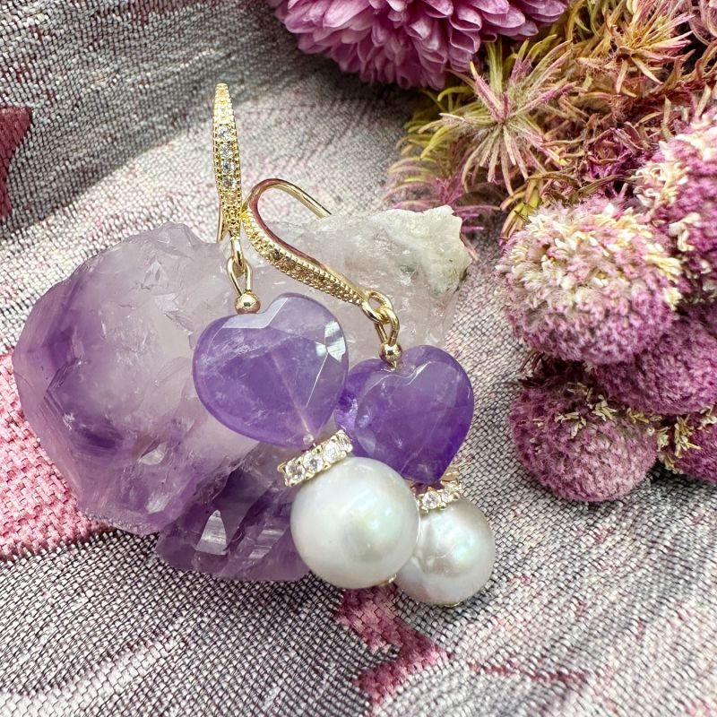 Heart Shaped Amethyst With Gray Freshwater Pearl Earrings image