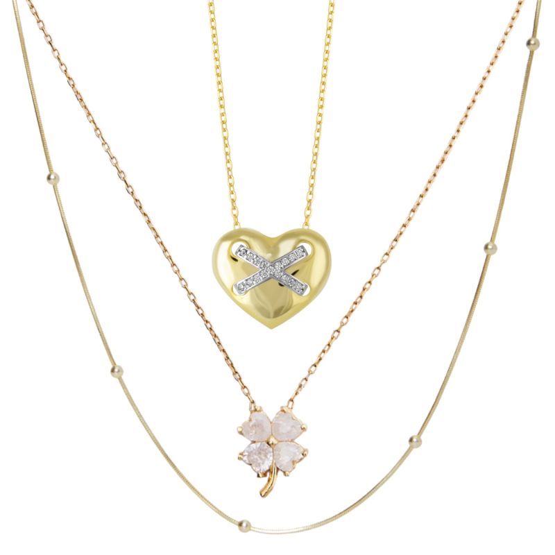 Heart X Italian Beaded White Clover Sterling Silver Stacking Necklace Layering Set - Gold image