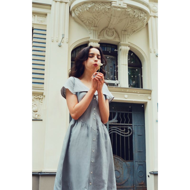 Helena Shirt Dress In Pure Linen In Pale Blue With Shell Buttons image