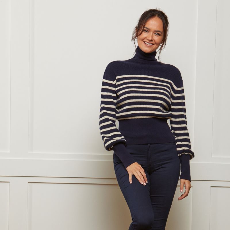 Navy & Cream Lurex Stripe Cashmere Roll Neck Jumper image