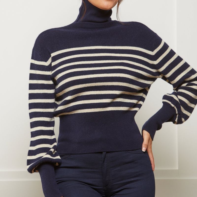 Navy & Cream Lurex Stripe Cashmere Roll Neck Jumper image