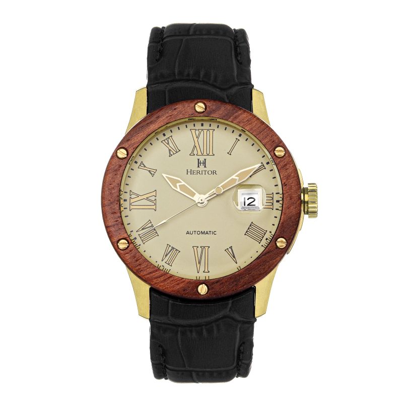 Everest WoodenBezel LeatherBand Watch with Magnified Date Gold