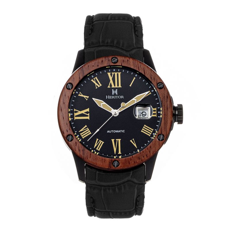 Everest WoodenBezel LeatherBand Watch with Magnified Date Black