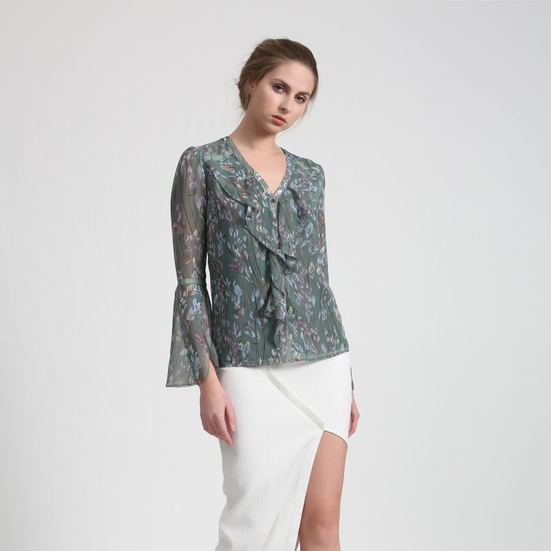 Leaves Print Tulip Sleeves Blouse - Green image