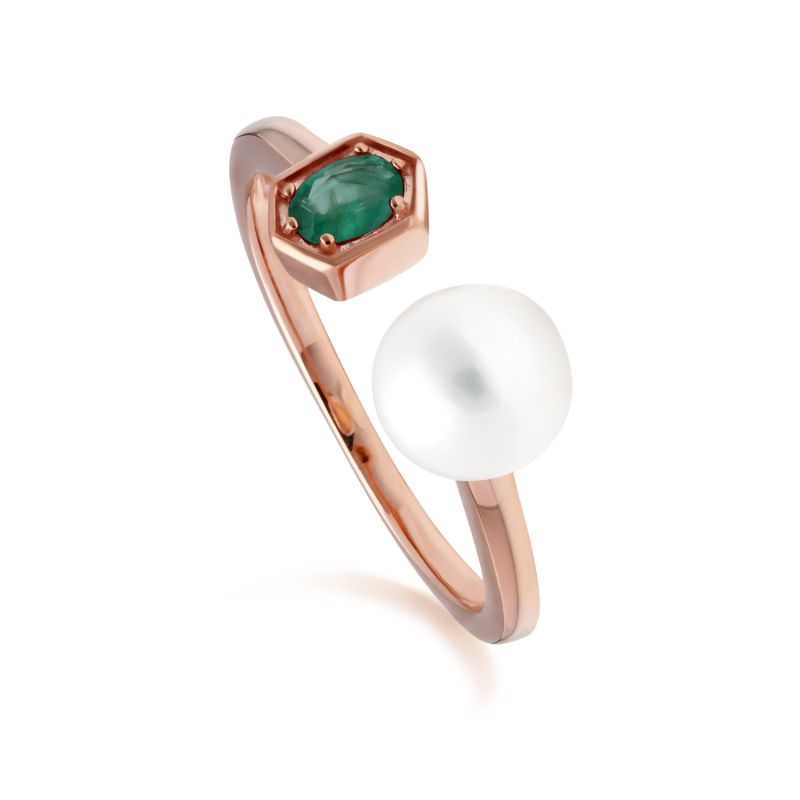 Pearl & Emerald Open Ring In Rose Gold Plated Sterling Silver image