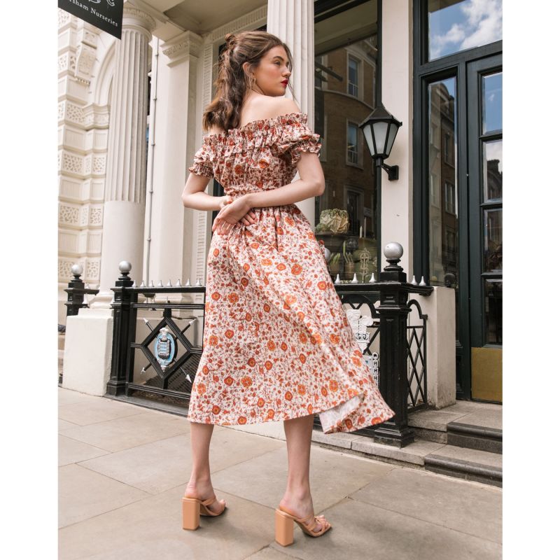 The Tamsin Bardot Ruffle Pocket Midi Dress In Wild Floral image