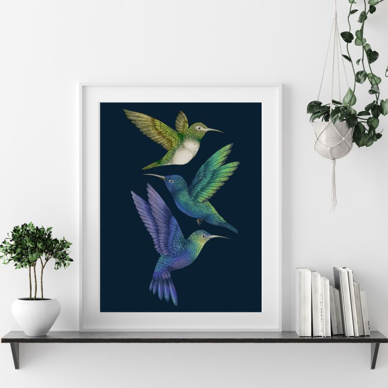 Antique Hummingbirds Ii Indigo Fine Art Print - A3 image