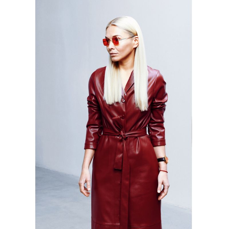 Burgundy Long Button-Up Eco-Leather Trench image