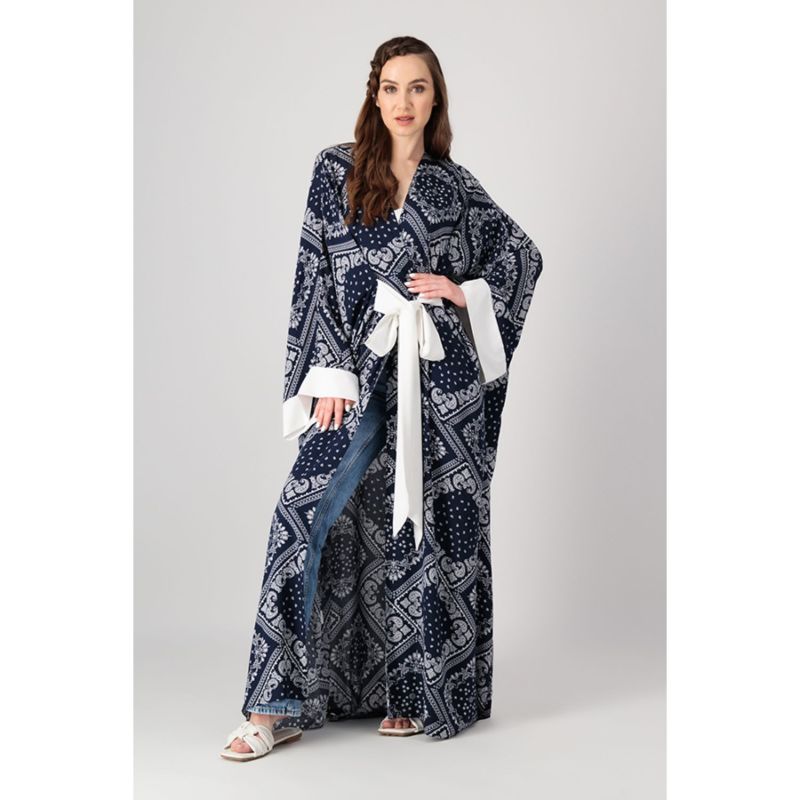 Classic Abaya Cut With Belt In Printed Navy Paisley Rayon image