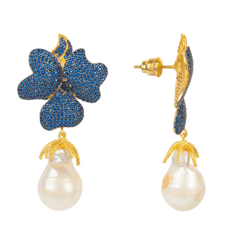 Baroque Pearl Sapphire Blue Flower Earrings Gold image