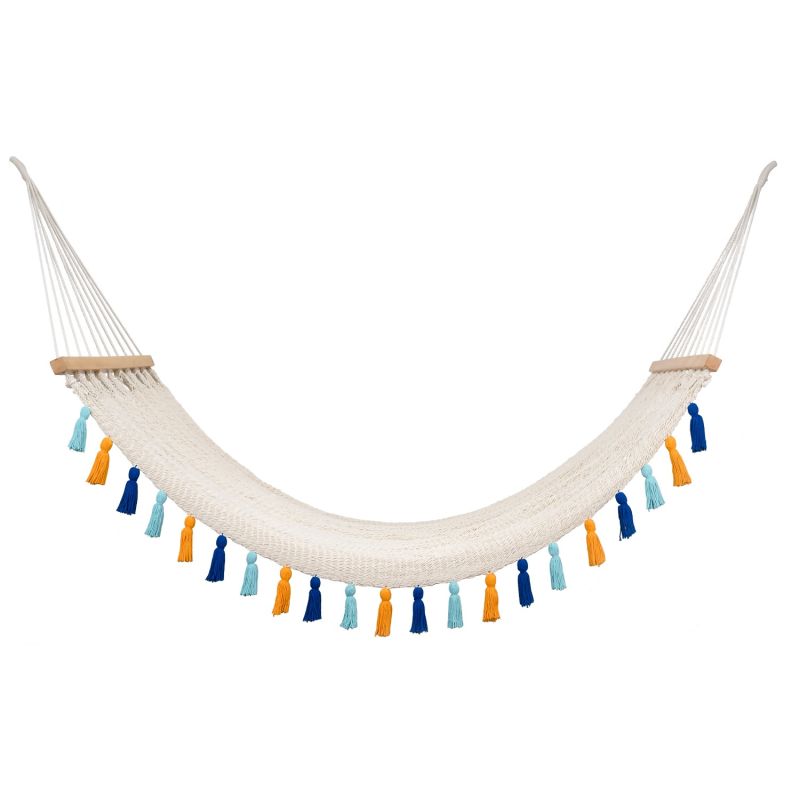 Deluxe Natural Cotton Hammock With Hue Inspired Tassels - Teak Wooden Bar image