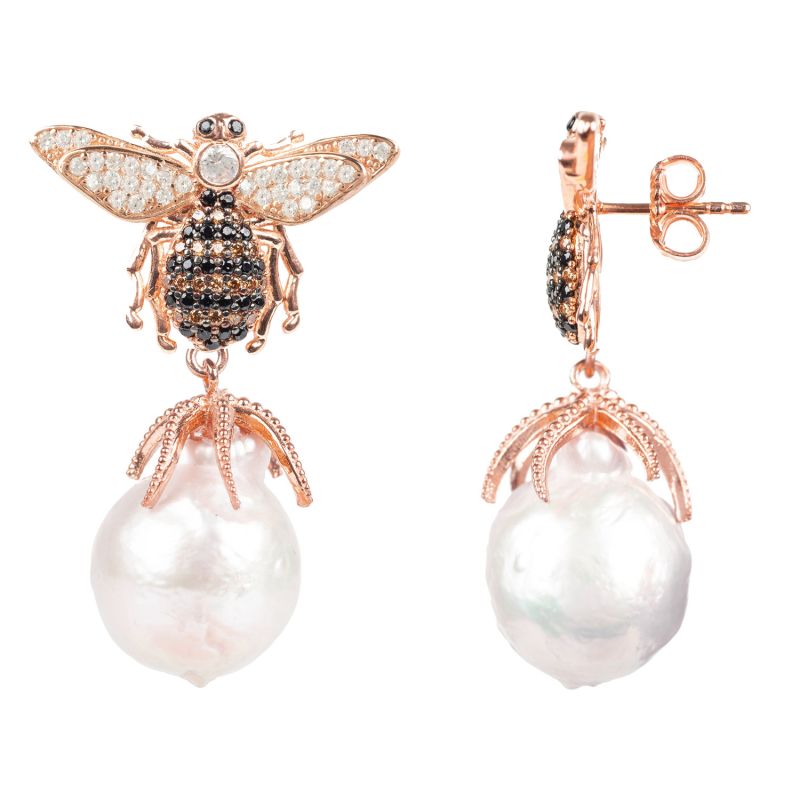 Baroque Pearl Honey Bee Drop Earrings Rosegold image