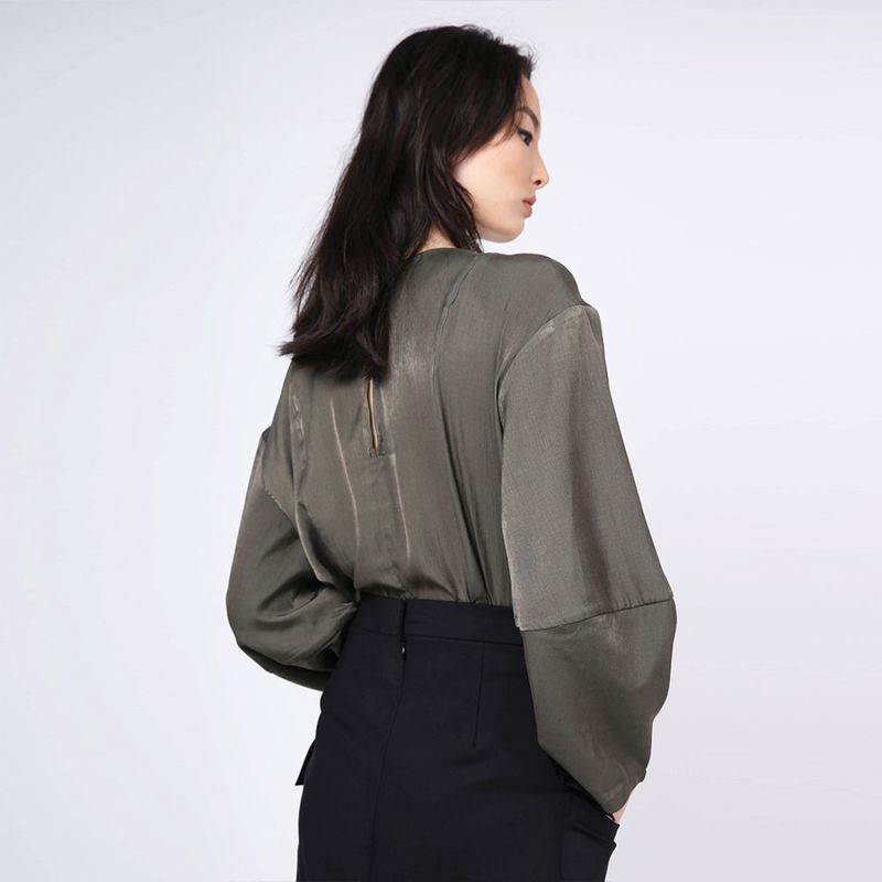 Kimble Lantern Sleeve Cupro - Viscose Blouse In Dark Olivine image