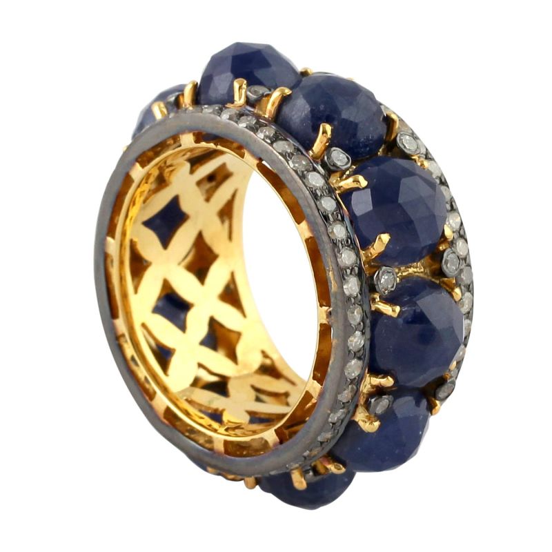 18K Yellow Gold 925 Silver With Diamond & Blue Sapphire Gemstone Band Ring image