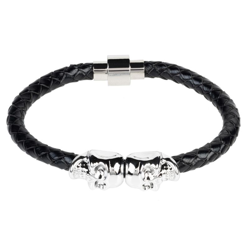 Skull Leather Bracelet - Black, Silver image
