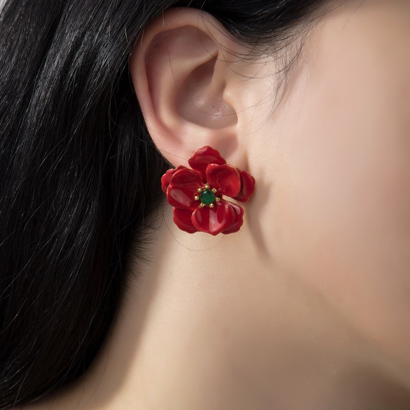 Red Viola Flower Earrings image