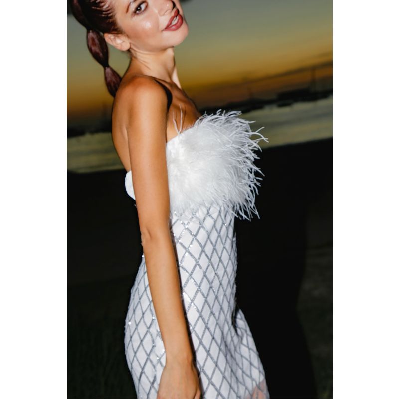 Hollywood White Sequin & Faux Feather Midi Dress image